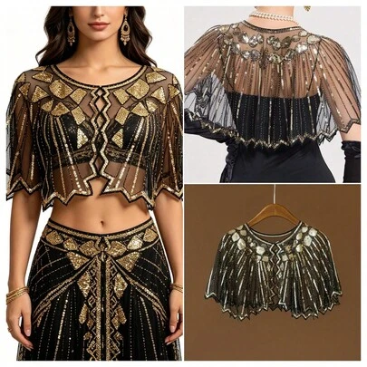 1 pieza Chal de estilo vintage de los años 20 con cuentas y lentejuelas, hecho a mano con elegante estilo corto exterior, con bordado de encaje, un capelina versátil, transpirable, adecuado para vestidos de fiesta formales, bodas, noche de Harlem