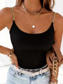 Summer Casual Solid Color Chain Strap Round Neck Bodycon Camisole Black - Black - View 2