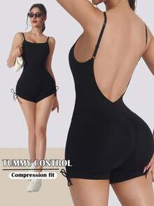 1 bộ áo liền quần định hình không đường may, cạp cao, dài đến giữa đùi, nâng mông và thiết kế hở lưng. - màu đen - Xem 1