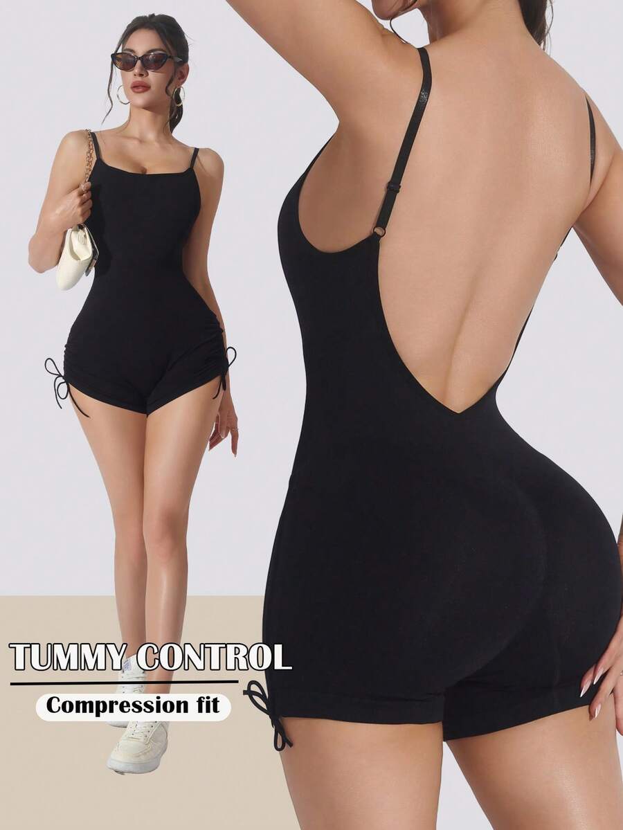 1 bộ áo liền quần định hình không đường may, cạp cao, dài đến giữa đùi, nâng mông và thiết kế hở lưng. - màu đen - Xem 1