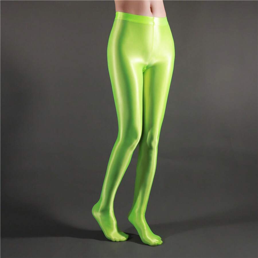 High Waist Sheer Opaque Glossy Yoga Dance Leggings Plus Size 7050 Seamless Footed Tights For Women - 螢光綠 - 查看 1