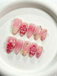 10pcs Handmade Almond-Shaped Press-On Nails, Handcrafted Floral Pearl Mermaid Tail Nail Art, Gold Star Rhinestone Beach Holiday Style, Suitable For Daily Wear And Festivals, Reusable, Perfect Fit For Women And Girls - Pink - View 2