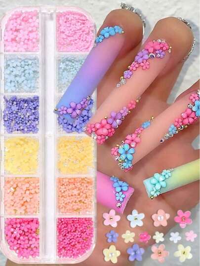 12 Slots 3D Acrylic Flower Y2K Nail Art Decorations, Mixed Size Colorful Flower Metal Beads DIY Cute Flower Nail Jewelry Accessories, Kawaii Nail Gems, Nail Supplies, AB Flat Bottom Rhinestones Nail Accessories