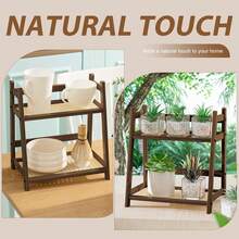 1 Pcs 2 Tier Matcha Station Shelf Bamboo Coffee Mug Stand Countertop Storage Rack, Double Layer Rattan Office Cup, Kitchen, Tea, Plant, Bar Accessories Condiment Display - 棕色 - 查看 9