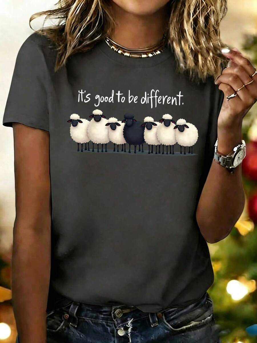 「Sheep Is Different」印花圓領短袖T恤,女款新款極簡可愛圖案休閒度假風圓領針織面料夏季上衣 - 深灰色 - 查看 1