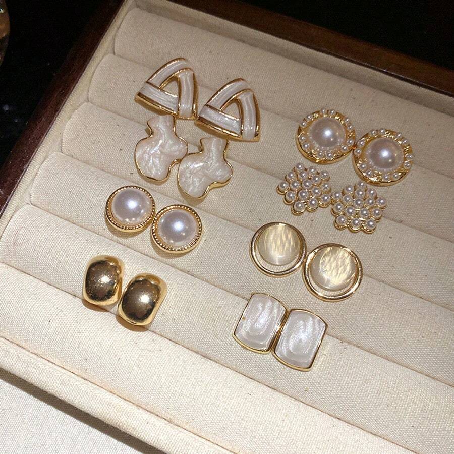 16 pièces/set Boucles d'oreilles géométriques avec pierre œil de chat perle goutte d'huile, nouveau set de boucles d'oreilles de luxe élégant - Doré - Voir 1