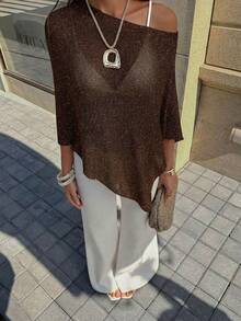 FOR BEAUTY Women's Summer New Knit Top, Casual Style, Coffee Color Solid Loose Shawl Cover Up, Bohemian Style, Suitable For Beach And Vacation - Red Coffee - View 7
