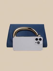 1pc High-End Velvet Clutch Bag In Navy Blue, Paired With Gold Decor, Showcasing A Fusion Of Fashion And Elegance, Suitable For Weddings, Parties, Galas, And Other Formal Occasions As A Clutch, Handbag, Shoulder Bag, Or Crossbody Bag - Navy Blue - View 5