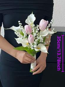 1件套白色粉色人造郁金香和马蹄莲婚礼花束，手捧鲜花，新娘婚礼花束，婚礼摄影道具，派对仪式周年纪念伴娘礼物 - 彩色 - 查看 13