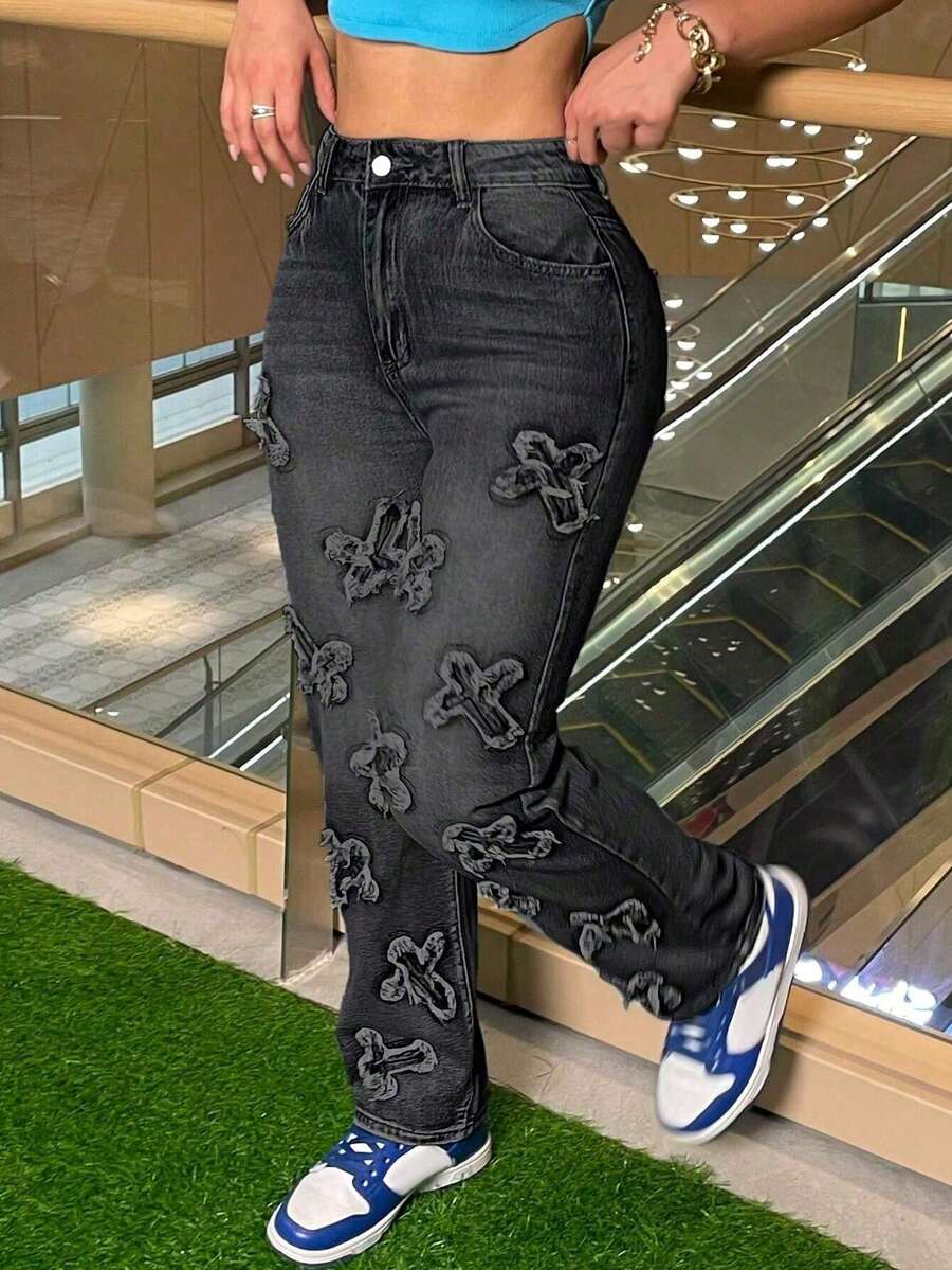 Women's Y2K Black Denim Jeans With Patched Details, Straight Leg Long Casual Pants, Fashion Party Style - Grey - View 1