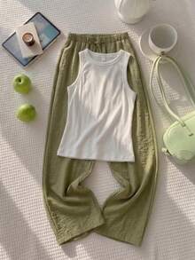 Bộ đồ nữ thường ngày 2 mảnh, áo tank top cổ tròn không tay thời trang đa năng kết hợp với quần ống rộng có dây rút, phong cách tối giản phù hợp cho phái nữ. - Nhiều màu - Xem 2