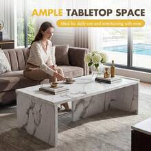 Mesa de centro rectangular moderna de falso travertino, mesa de acento con marco minimalista y resistente para sala de estar, oficina o apartamento, color beige natural - Aspecto de mármol sintético - Ver 8