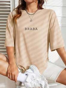 T-Shirt With Funny Phrase, Street Meme, Loose-Filled Sweatshirt - 米色 - 查看 3