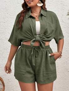Women's Plus Size Green Woven Fabric 2-Piece Set, Short Sleeve Polo Collar Button Shirt Paired With Drawstring Shorts, Summer Casual Outfit Elegant - Dark Green - View 2