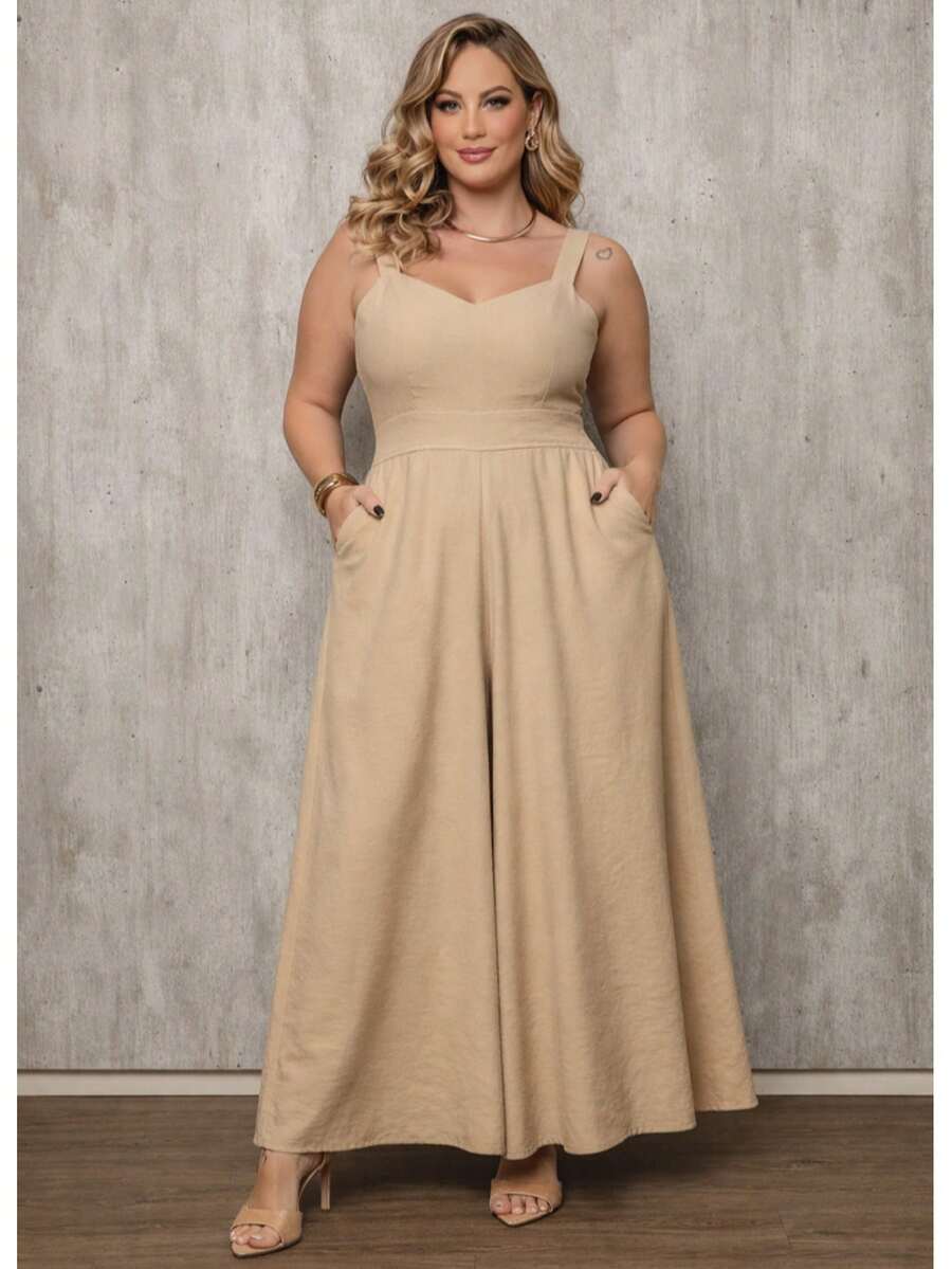 Women's Jumpsuit In Marrante Fabric With Elegant Plus Size Padded Cups - Màu be - Xem 1