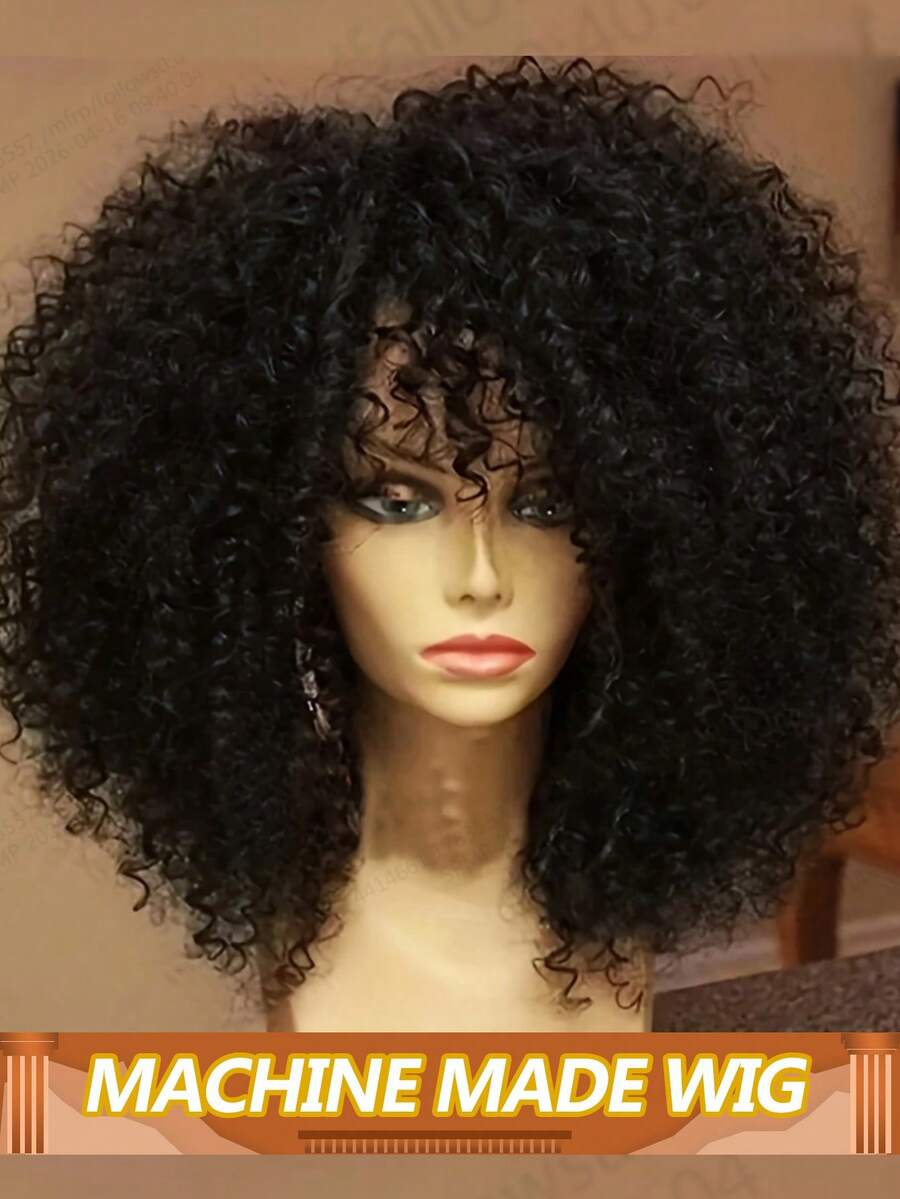 非洲卷曲蓬松假发，带刘海，易于佩戴，方便打理，真人发丝，非洲卷曲假发，全机织假发，180%密度，适合女性 - Natural Black - 查看 1