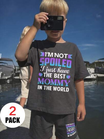 2pcs/Set Toddler Boys' Summer Casual Set, Dark Gray "I'M NOT SPOILED" Colorful Letter Print Short Sleeve T-Shirt + Shorts, Cute Slogan Design, Comfortable Casual Outfits