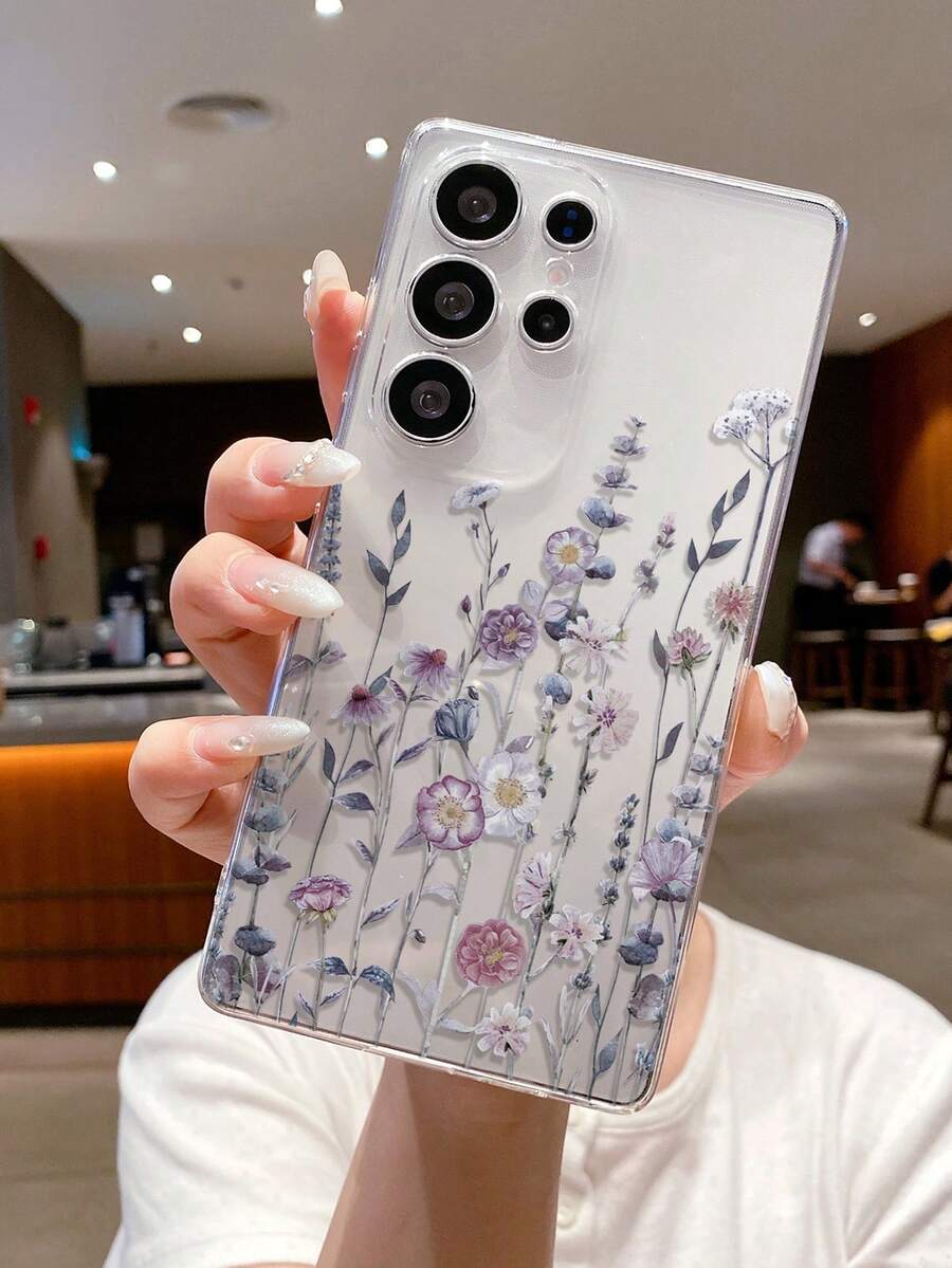 1件装 时尚创意全屏紫色花朵、叶子、花枝彩绘图案软TPU透明防震防刮防指纹手机壳,摄像头镜头保护,适用于苹果、Nothing、Pixel等品牌手机 - 彩色 - 查看 1