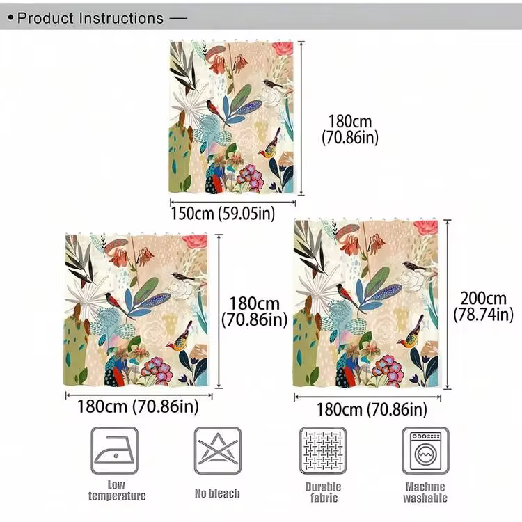 1pc 2D Flat Floral And Bird Pattern Colorful Shower Curtain, Modern Fabric Bathroom Decor, Waterproof Polyester Fiber, Vivid Natural Artwork, Unique Accessory, Easy To Clean, Eye-Catching Home Decoration, Elegant Pattern Aesthetic - Multicolor - View 3