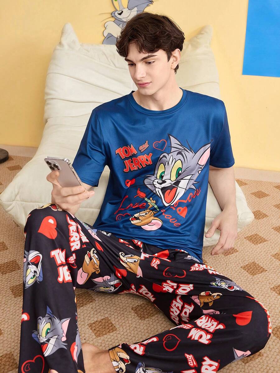 Noctvar OBM Sleepwear X TOM & JERRY Tom & Jerry Collaboration Men's Striped Pajama Set With Heart All-Over Print Long Pants, Loungewear - Multicolor - View 1