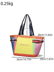New Women's Tote Bag, Dopamine Color Block Tote Bag, Nylon Material, Vibrant Rainbow Color Block Design, Versatile Open Top Design, Wide Strap For Comfortable Carrying, Suitable For Commuting, Shopping, Travel - Yellow - View 5