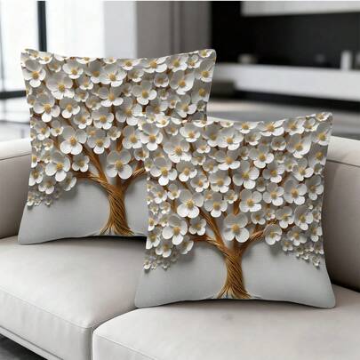 2pcs Elegant Golden Tree Design Pillow Covers | 18x18 Inches, Soft Plush Polyester Fiber, Modern Art Style, Zipper Closure, Machine Washable, Suitable For Living Room And Bedroom Decor - Decorative Throw Pillows (No Insert, Double-Sided Printing)
