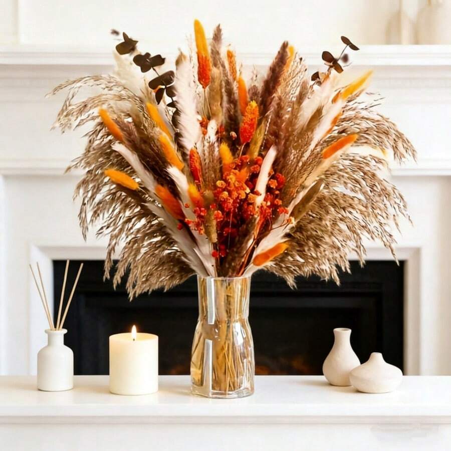 70/130 Dried Reed Grass Bouquets, Rural Bohemian Floral Arrangement With Orange Accents, Suitable For Autumn Weddings And Home Decor, Used For Living Rooms, Bedrooms, And Offices (17 Inches) - Orange - View 1