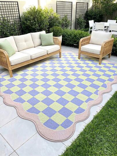 DAJIANG 1 pieza Alfombra exterior lavable de 7.6x5.25 pies, alfombra interior/exterior con borde rosa y patrón a cuadros, no desprende, impermeable y fácil de limpiar, adecuada para patio, terraza, porche, sala de estar, baño, cocina, dormitorio, autocaravana, comedor o pasillo