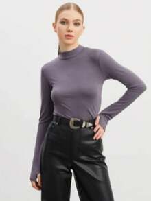 Women's Long Sleeve Bodysuit Mock Neck Slim Fit Basic Stretch Top Finger Detail Blouse - Grey - View 2