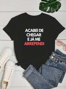 Women's Round Neck T-Shirt With "I Just Arrived And I Already Regret It" Print, Women's Fashion T-Shirt With "I Just Arrived And I Already Regret It" Print, Casual Short-Sleeve T-Shirt, Women's Blouse , Comfort For All Seasons - 黑色 - 查看 3