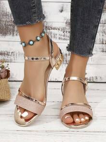 1 Pair Rose Gold Rhinestone Open Toe Sandals, Luxury Rivet Thick Heel Shoes, Suitable For Teenagers Party & Casual Wear In Summer - Rose Gold - View 2