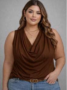 Blusa Regata Feminina Plus SIze Social Casual Gola Boba Drapeada Elegante Soltinha Despojada Moda 2026 - Marrom - Visão 2