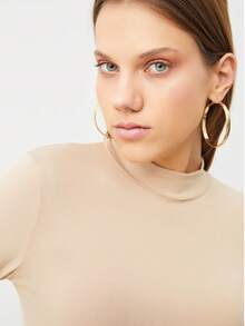 Women's Long Sleeve Bodysuit Mock Neck Slim Fit Basic Stretch Top Finger Detail Blouse - Cream - View 3