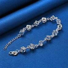 1 chiếc vòng tay bạc 925 mạ bạc cao cấp, dài 8 inch, đính đá Zirconia hình vuông tinh tế dành cho nữ, trang sức thời trang dự tiệc cưới. - Bạc - Xem 2