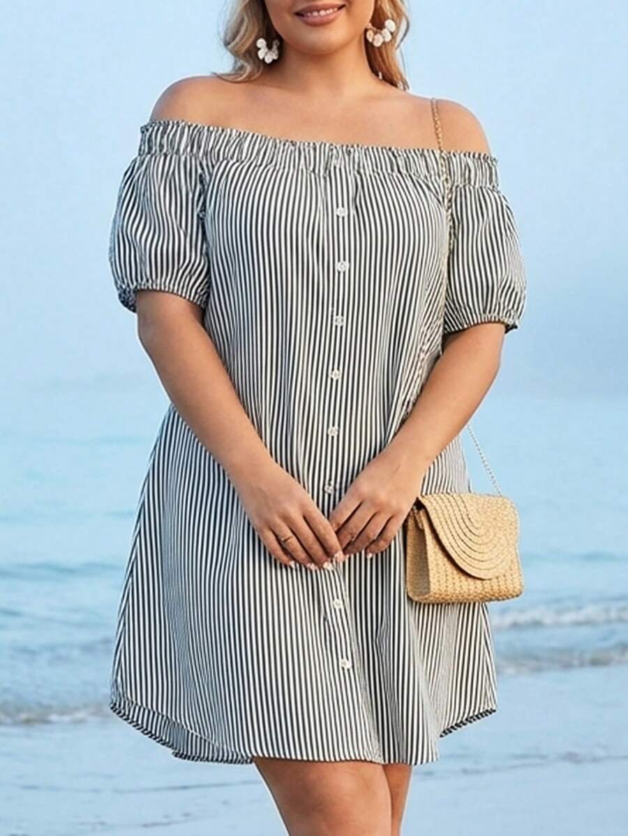 大码女式条纹梭织面料荷叶边前扣度假夏季连衣裙，优雅黑色 - 黑色 - 查看 1