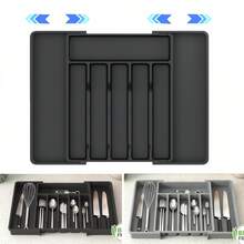 1pc Expandable Adjustable Plastic Kitchen Utensil Organizer Box, Made Of PP Plastic Material, Flat Cutlery Storage Box For Kitchen Countertop, Cabinet Drawer, Holds Chopsticks, Cutlery, Tools (Small + Large) - View 2
