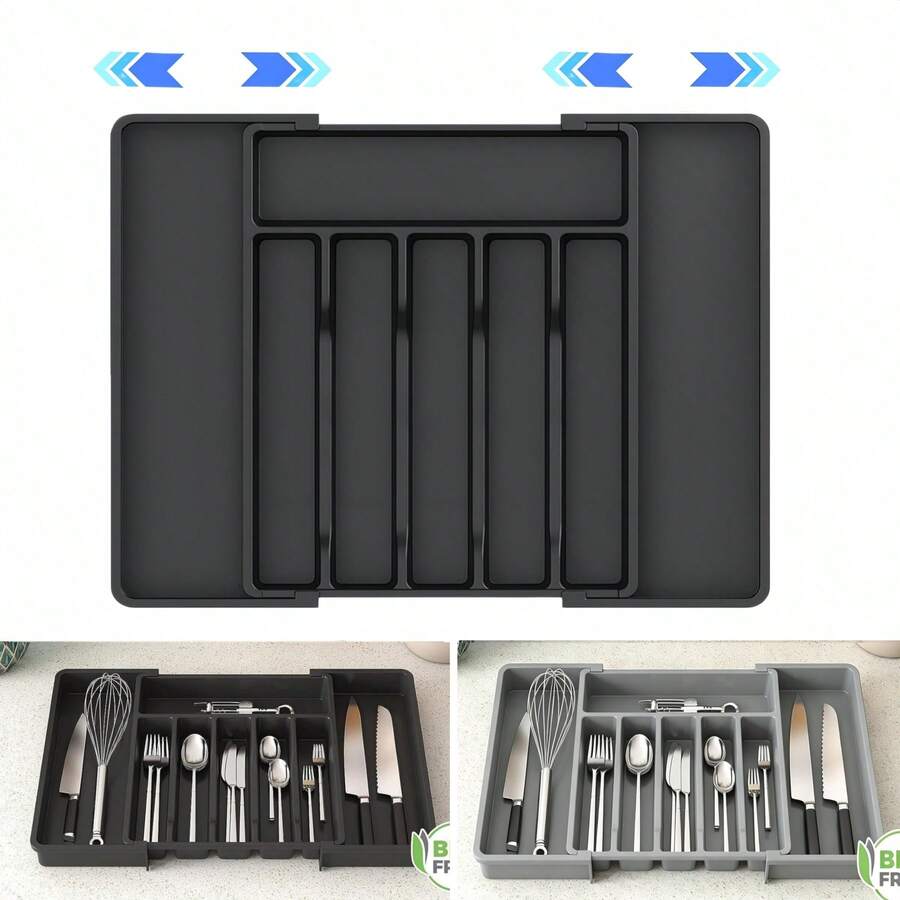 1pc Expandable Adjustable Plastic Kitchen Utensil Organizer Box, Made Of PP Plastic Material, Flat Cutlery Storage Box For Kitchen Countertop, Cabinet Drawer, Holds Chopsticks, Cutlery, Tools (Small + Large)
