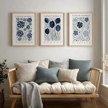 1/3 piezas Conjunto de carteles de lienzo con flores botánicas azules enmarcados/sin marco, arte de pared floral minimalista y abstracto de Hortensia, Azafrán y Clavel para decoración de entrada, pasillo, apartamento, sala de estar, dormitorio, decoración del hogar moderna - A - Ver 2
