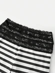 Womens Sleep Capri Pants Casual Stripe Print Wide Black Lace Scalloped Trim Waistband Leggings For Summer Daily Wear - màu đen - Xem 3