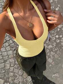 Camiseta sin tirantes acanalada, casual y versátil, negra para primavera/verano - Amarillo - Ver 2