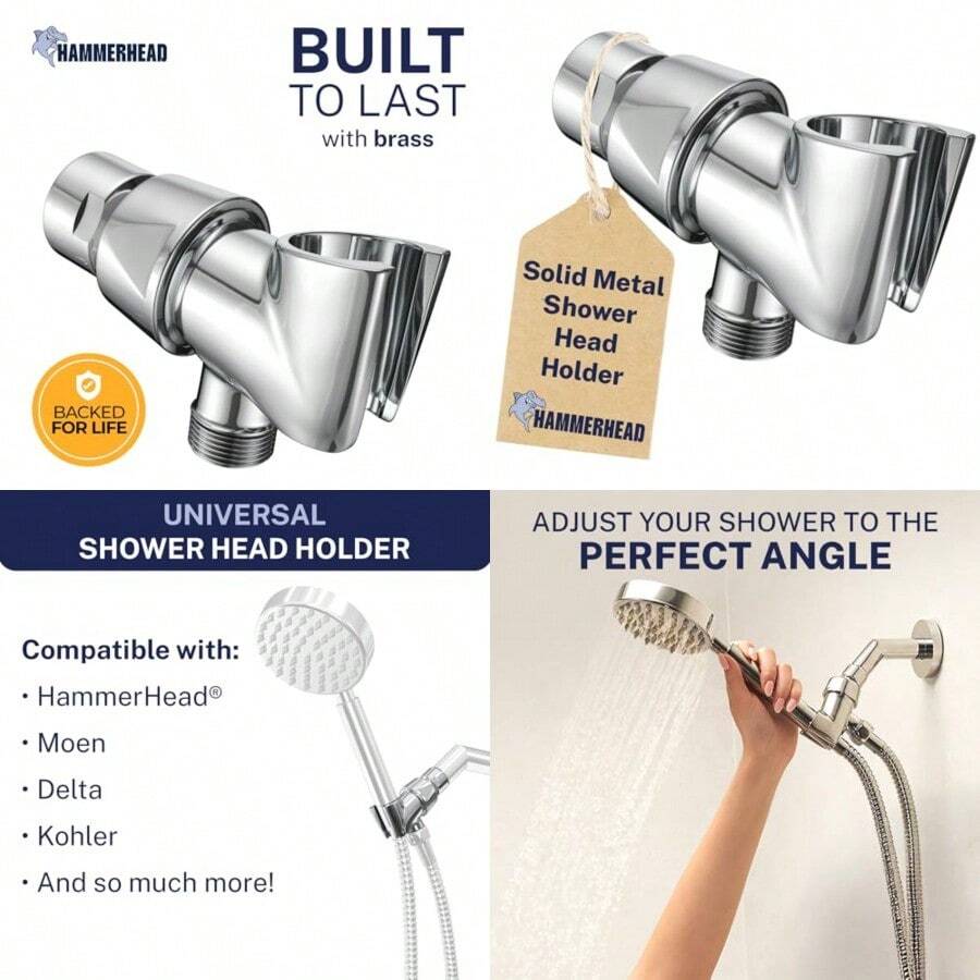 HammerHead Showers® - Soporte para cabezal de ducha de mano de metal chapado en cromo soporte ajustable con gancho de pared universal y bola pivotante soporte para cabezal de ducha de mano - Cromo pulido - Ver 1