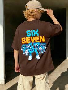 Kaos Anak Laki-laki Lengan Pendek Leher Bulat Bergambar Kartun Angka "67" & Huruf, Pakaian Anak Musim Semi/Panas Terbaru - Coklat - View 3