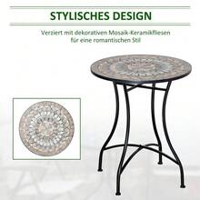 Garden Table, Mosaic Table, Round Bistro Table With Ceramic Mosaic Top In Green, Beige And White, Ø60cm, For Garden, Balcony And Terrace. - Beige + Black - View 4