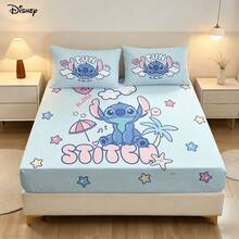 Disney 3Pcs Playful Stitch Fun In The Sun Quote Fitted Sheet And 2 Pillowcases Fresh Light Blue Summer Beach Room Bedding - Fitted Sheet Set - View 2