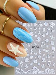 2pcs 3D Laser Ocean Starfish Shell Nail Stickers, White Glass Wave Seahorse Coral Self-Adhesive Nail Art Decals For Summer Beach Party - White - View 3