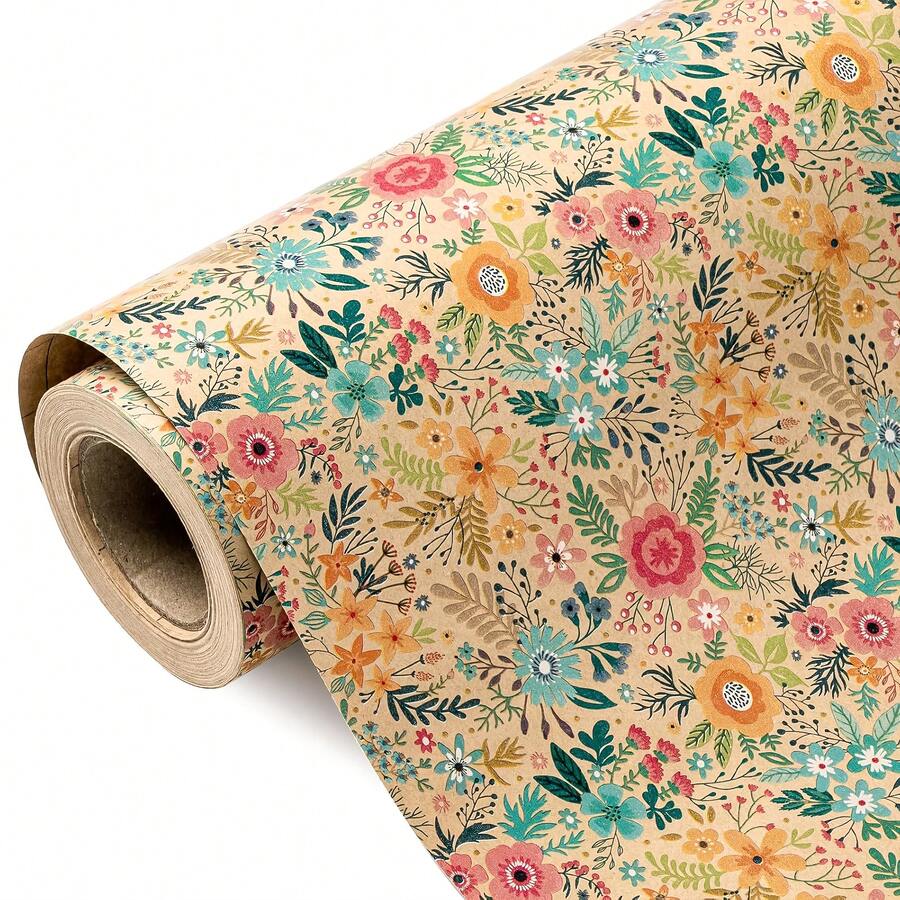 Kraft Flower Packaging Paper Roll - Mini Roll - Width: 17 Inches (43cm) - Spring/Summer Garden Flower Design, Perfect For Weddings, Bridal Parties, Birthday Celebrations - A - View 1