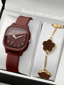女士复古棕色石英手表及手链套装（2件套），包含1块方形棕色硅胶表带女士石英手表和1条花卉图案女士手链。设计以柔和的棕色调和甜美的心形为核心，搭配简约复古风格的方形表壳和清晰的数字刻度。 - 棕色 - 查看 1