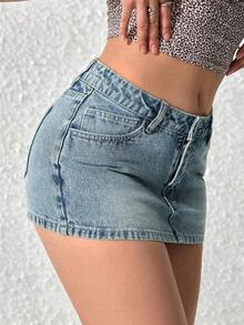 PETITE Women Casual Washed Mini Denim Skirt - 藍色 4 - 查看 1