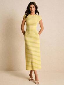 Vestido ajustado de mujer con rayas de moda, de verano - Amarillo - Ver 3