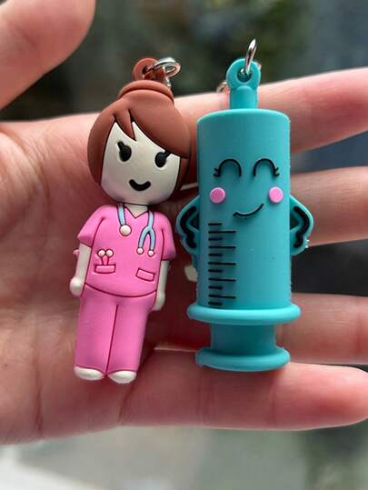 可爱卡通注射器和护士造型安瓿瓶开瓶器钥匙扣，医生/护士便携式安瓿瓶开瓶器配件，生日礼物（钥匙扣款式随机）